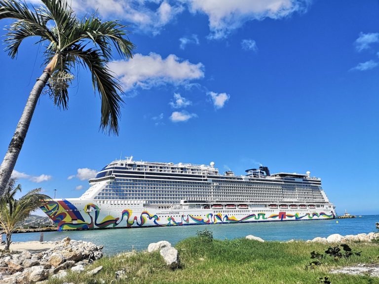 NCL Encore Cruise Ship docked by the beach under a bright blue sky with palm trees in the Dominican Republic