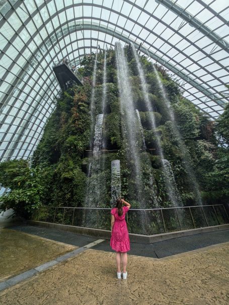 I&B's Founder posing in front of the grand waterfall in the cloud forest in Gardens by the Bay in Singapore