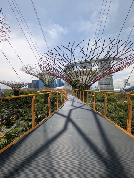 Suspended walkway surrounded by tree-like structures and buildings, under a cloudy sky.