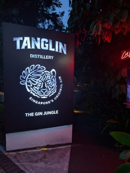 Sign for Tanglin Distillery, featuring an outline of a tiger and the slogan "The Gin Jungle".